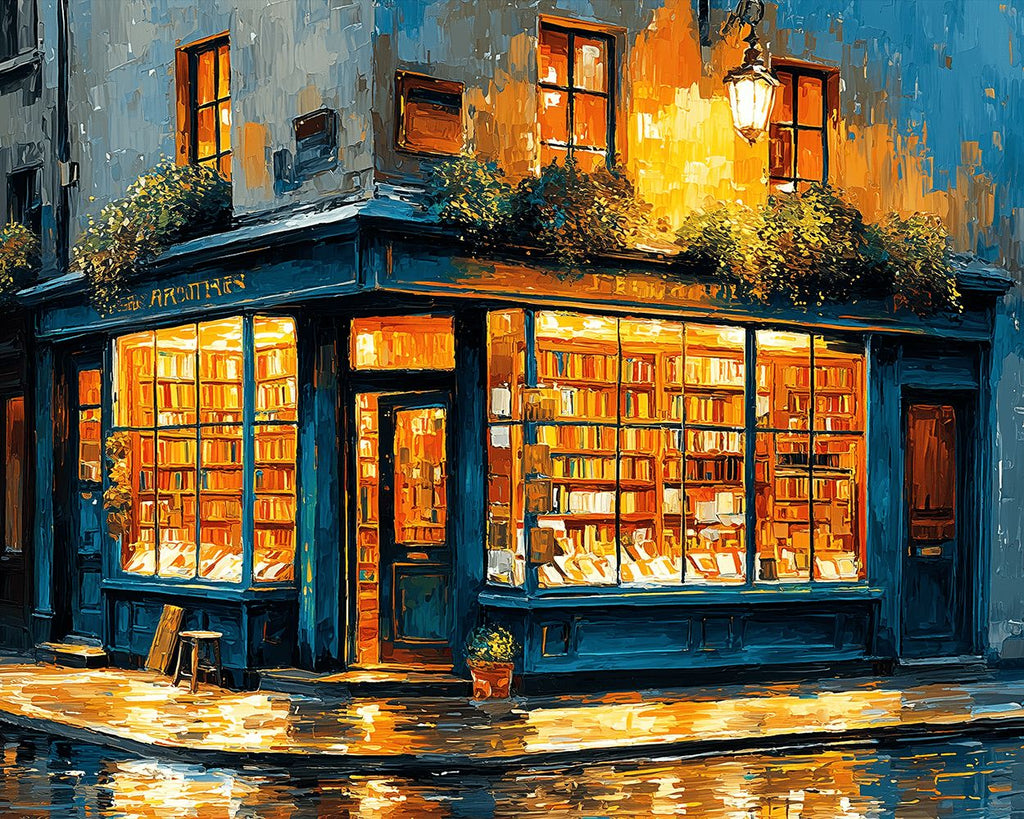 Buchhandlung an der Ecke im Regen bei Nacht Malen nach Zahlen