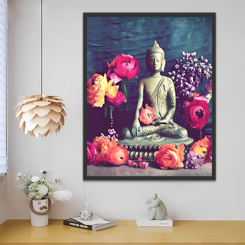 Buddha-Statue und Blumen Malen nach Zahlen