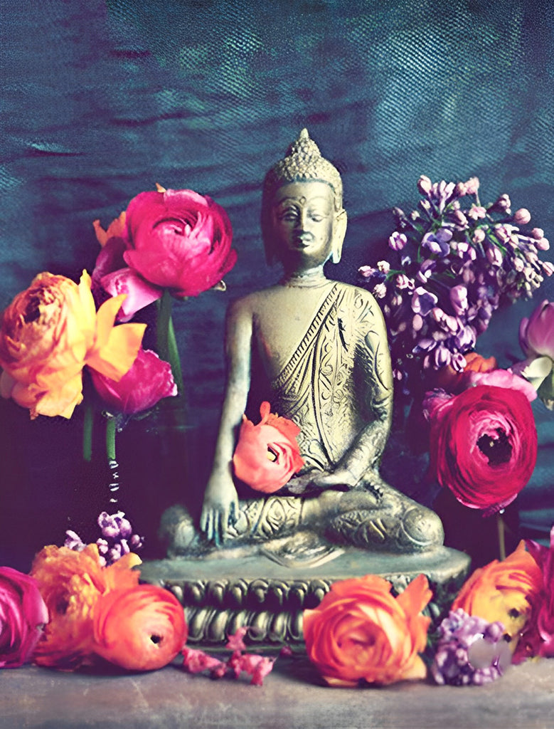 Buddha-Statue und Blumen Malen nach Zahlen