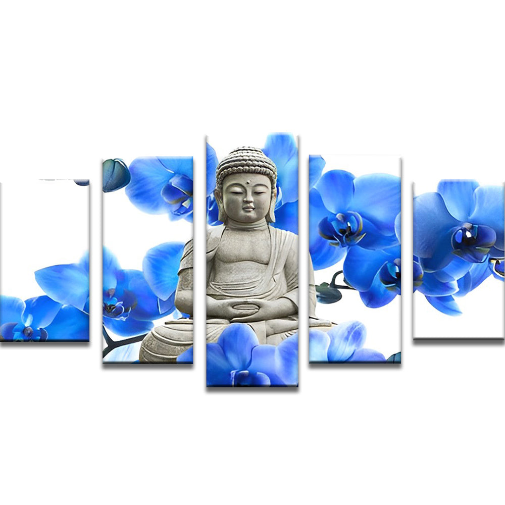 Buddha und blaue Blumen 5-teilig Sonderformat Malen nach Zahlen