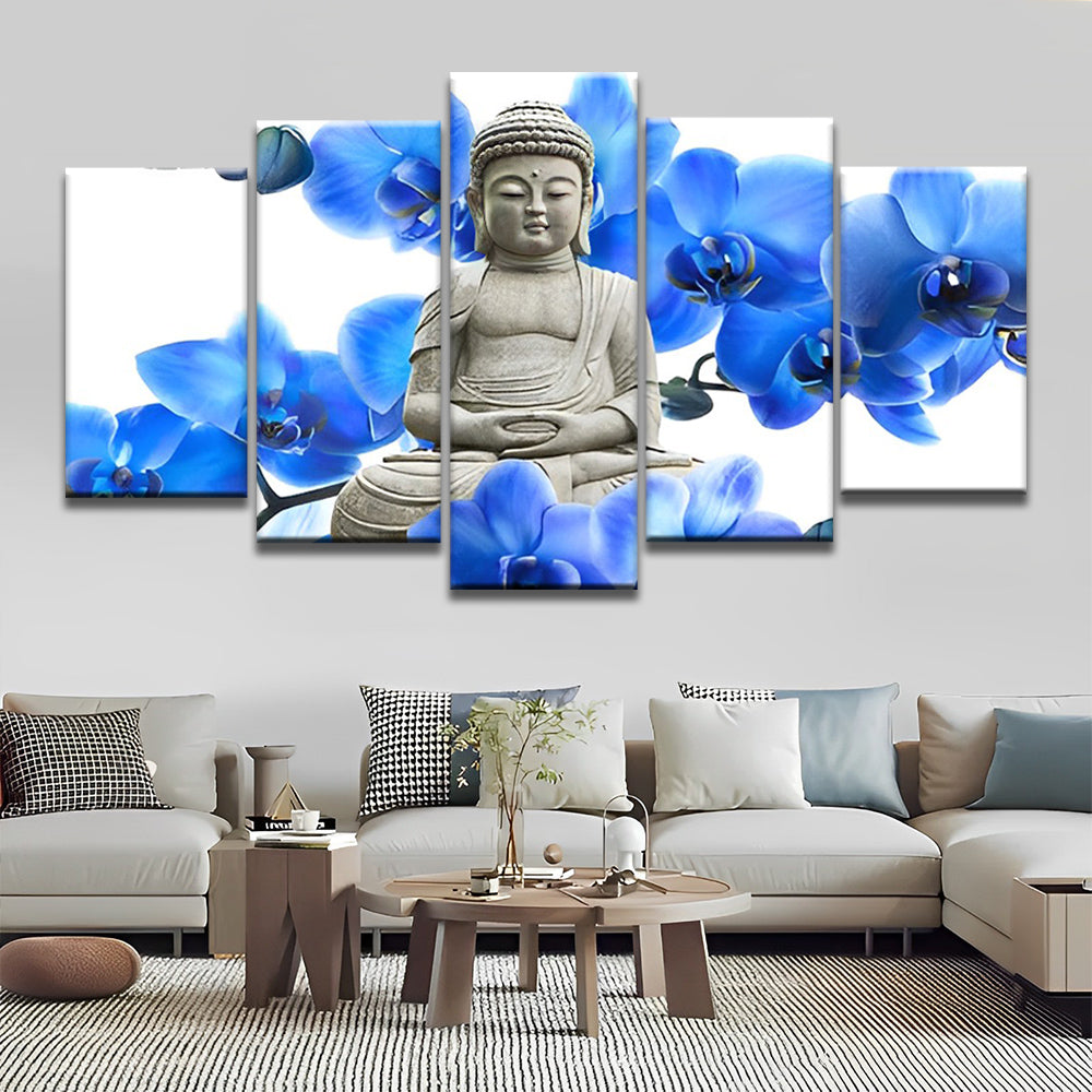 Buddha und blaue Blumen 5-teilig Sonderformat Malen nach Zahlen