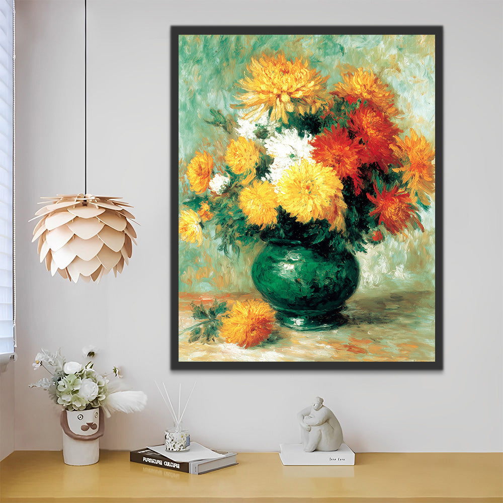Bunte Chrysanthemen blühen in grüner Vase Malen nach Zahlen