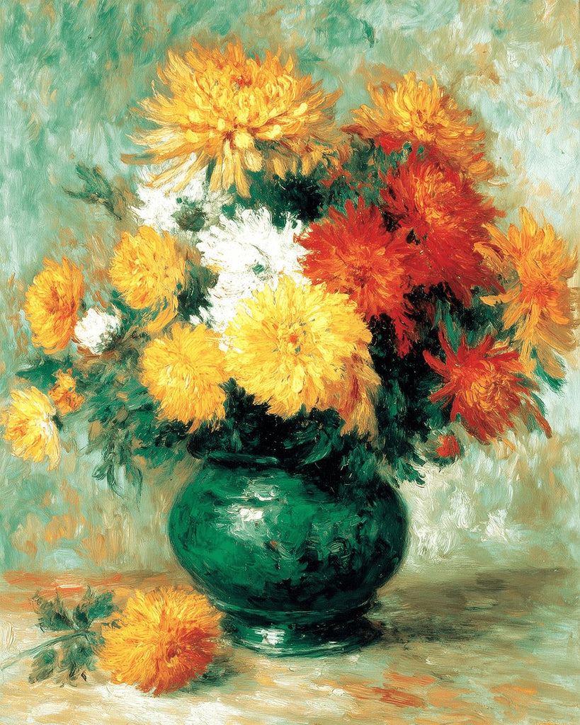 Bunte Chrysanthemen blühen in grüner Vase Malen nach Zahlen