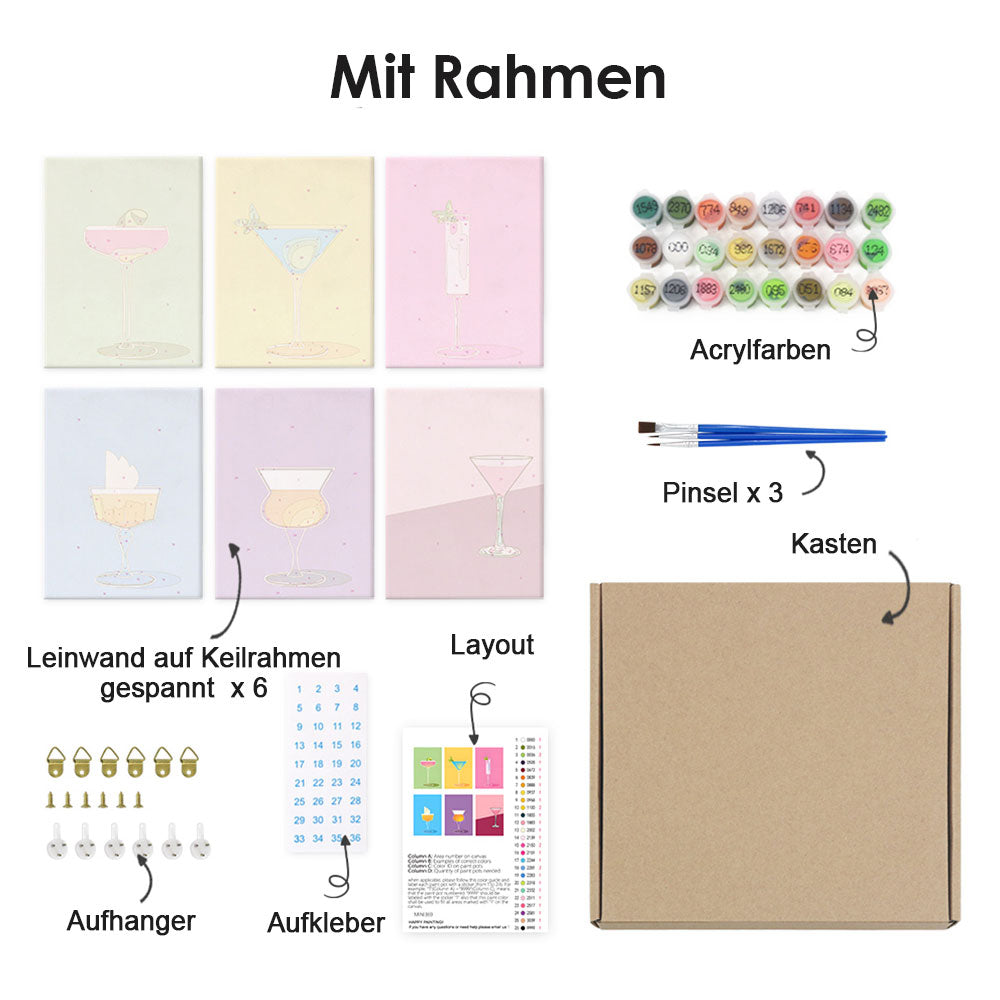 Bunte Cocktails 6 Stück Mini Malen nach Zahlen