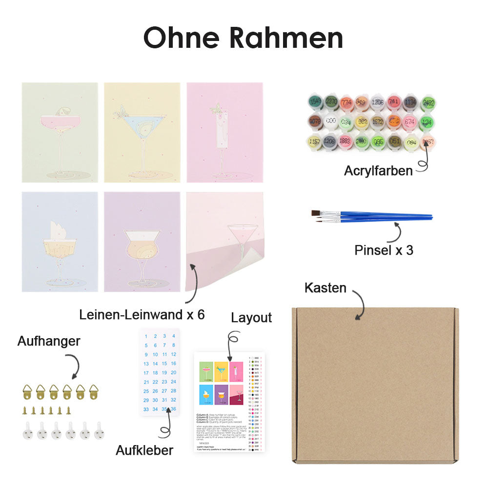 Bunte Cocktails 6 Stück Mini Malen nach Zahlen
