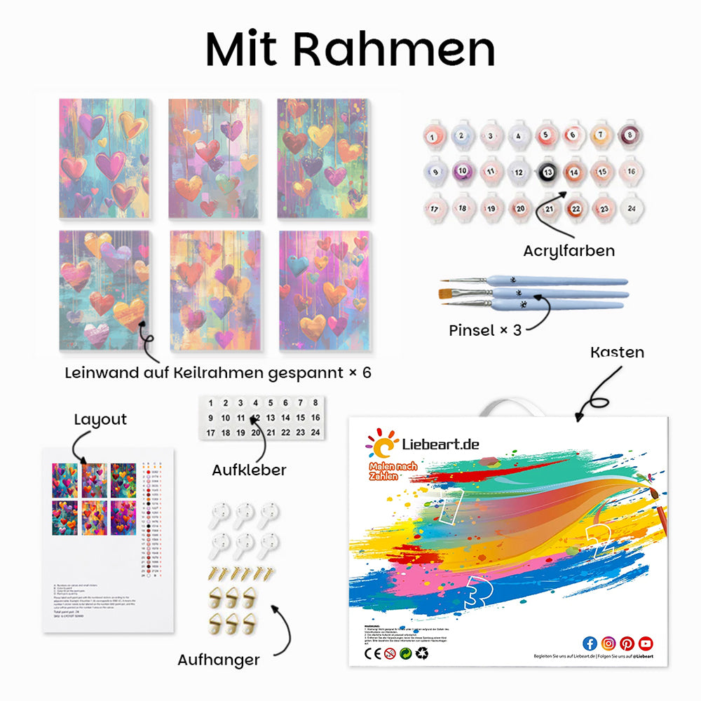 Bunte feurige Liebesherzen 6 Stück Mini Malen nach Zahlen