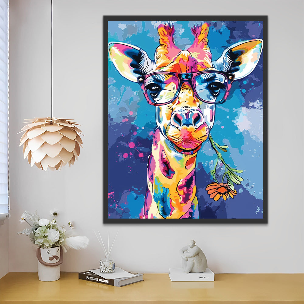 Bunte Giraffe mit Brille Malen nach Zahlen