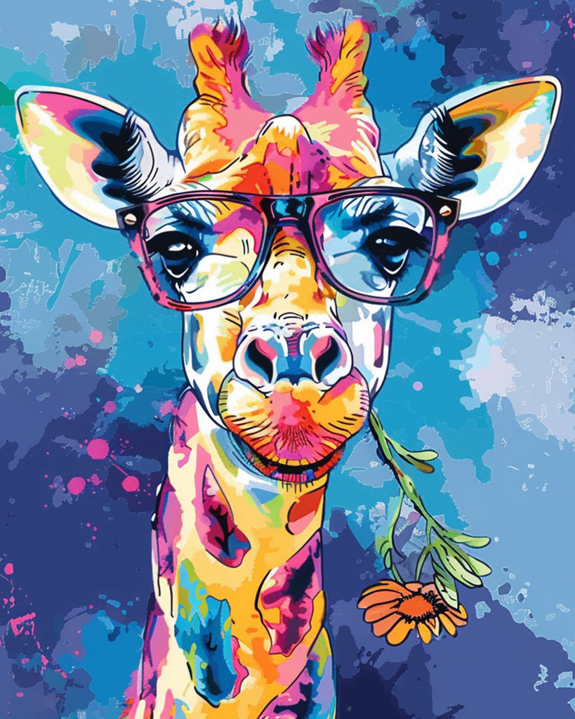 Bunte Giraffe mit Brille Malen nach Zahlen