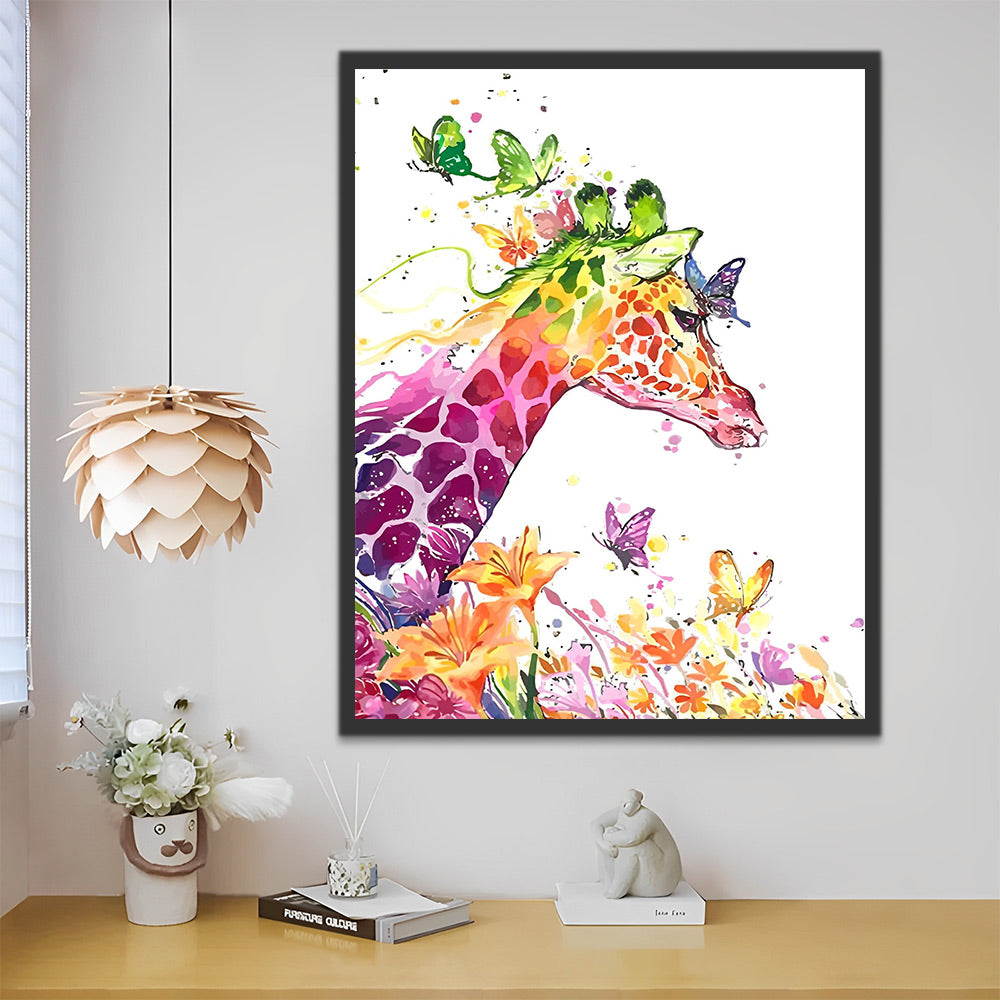 Bunte Giraffe, Schmetterlinge und Blumen Malen nach Zahlen