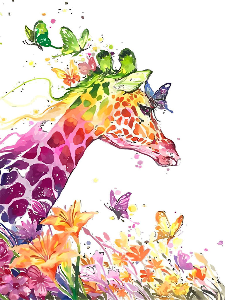 Bunte Giraffe, Schmetterlinge und Blumen Malen nach Zahlen