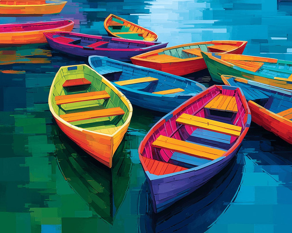 Bunte Holzboote auf dem See Malen nach Zahlen