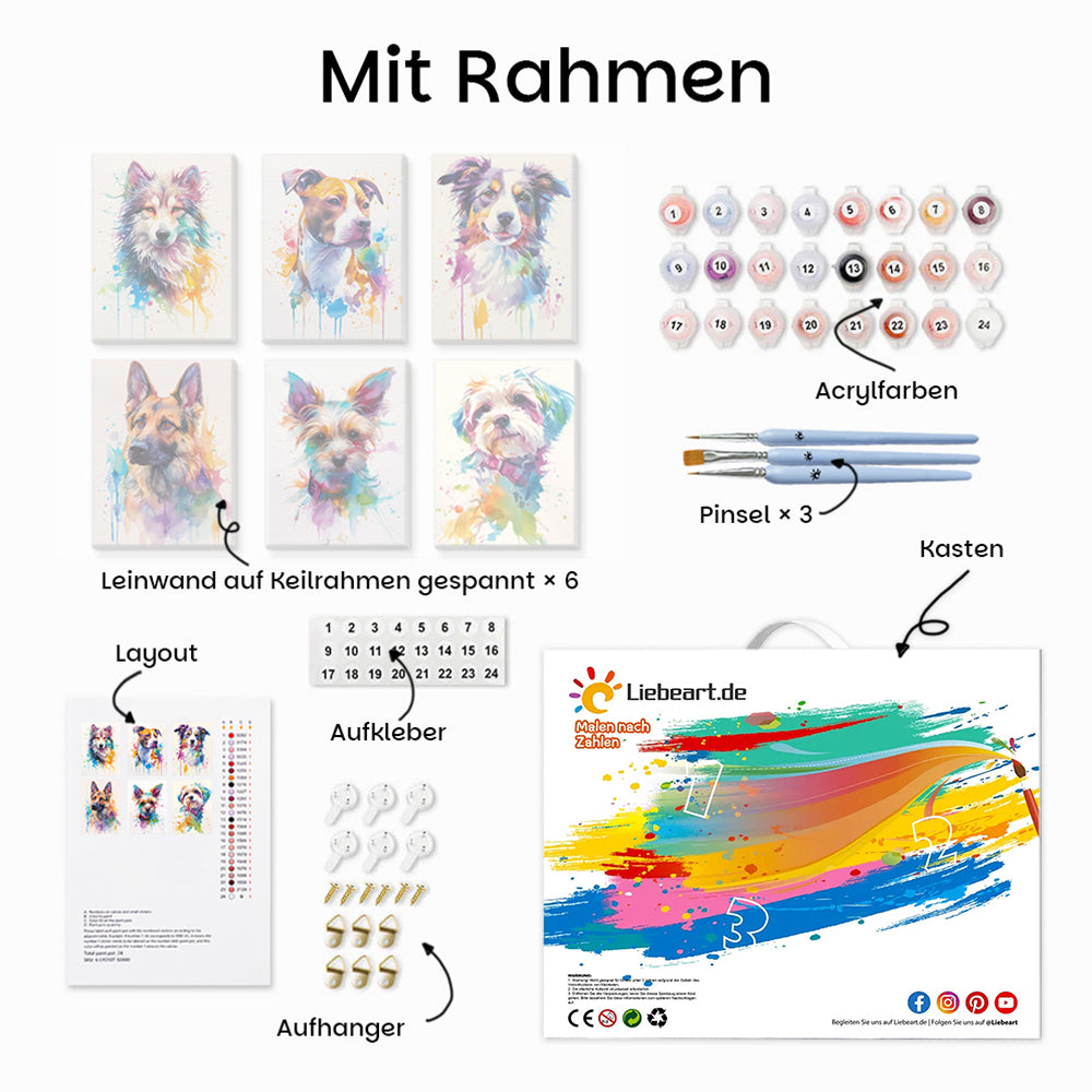 Bunte Hunde verschiedener Rassen 6 Stück Mini Malen nach Zahlen