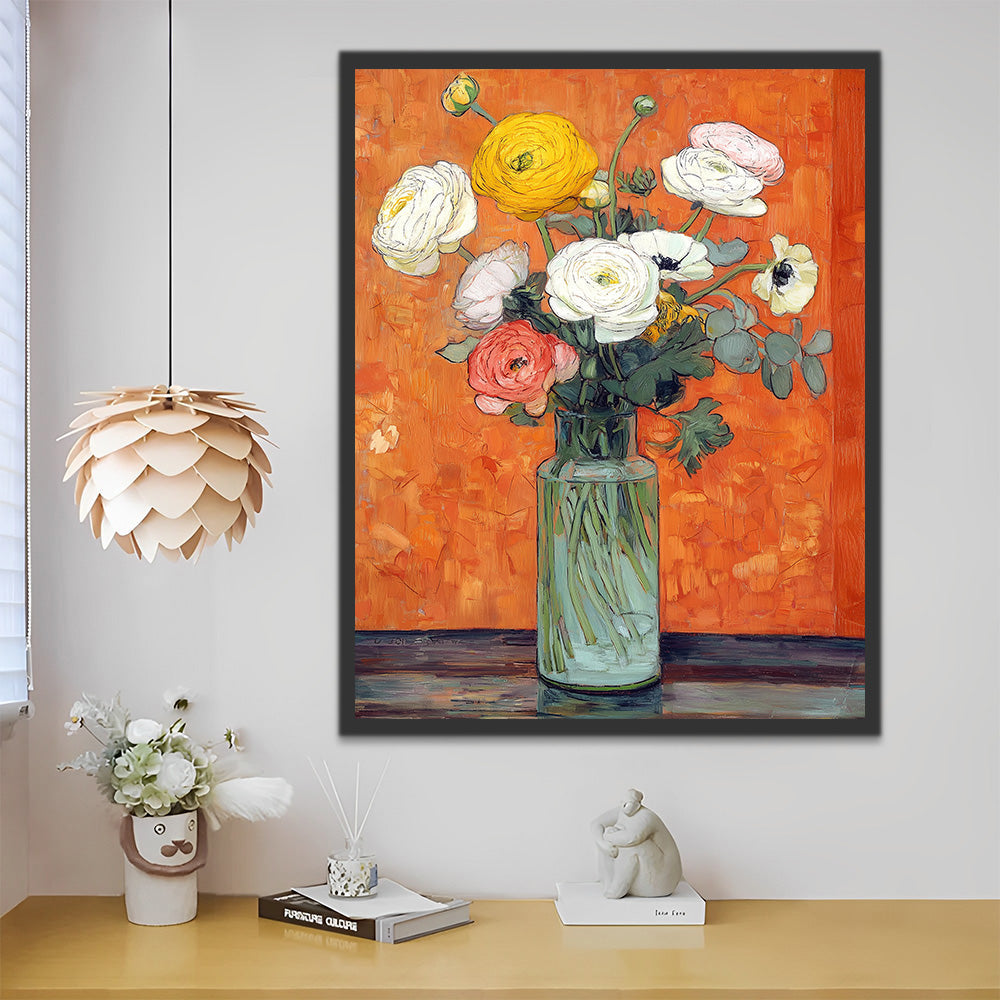 Bunte Mohnblumen in der transparenten Glasvase Malen nach Zahlen