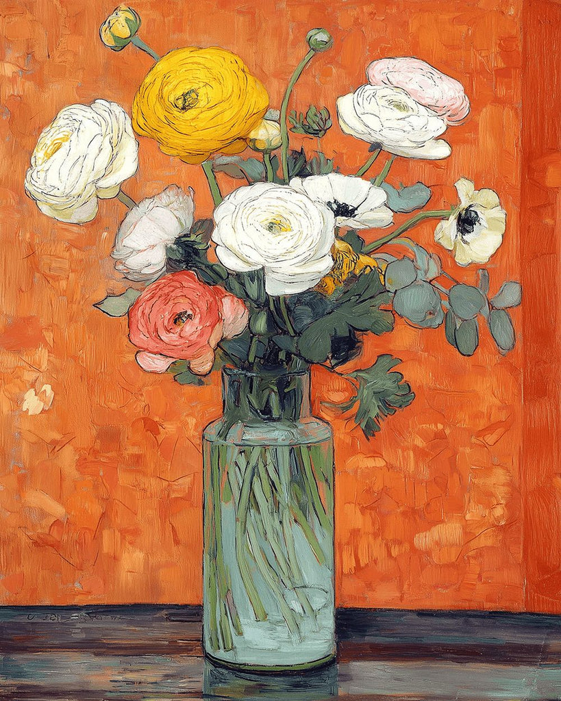 Bunte Mohnblumen in der transparenten Glasvase Malen nach Zahlen