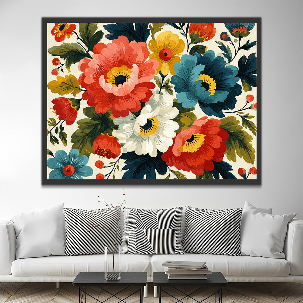Bunte Mohnblumen mit grünen Blättern Malen nach Zahlen