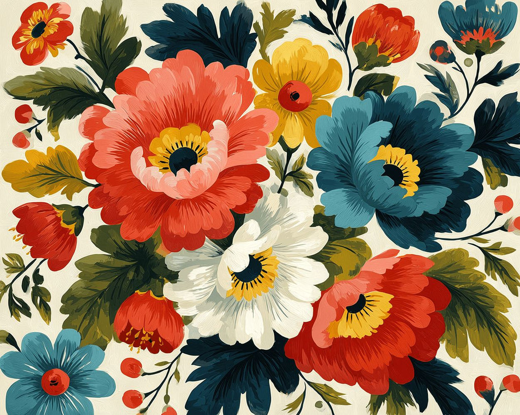 Bunte Mohnblumen mit grünen Blättern Malen nach Zahlen