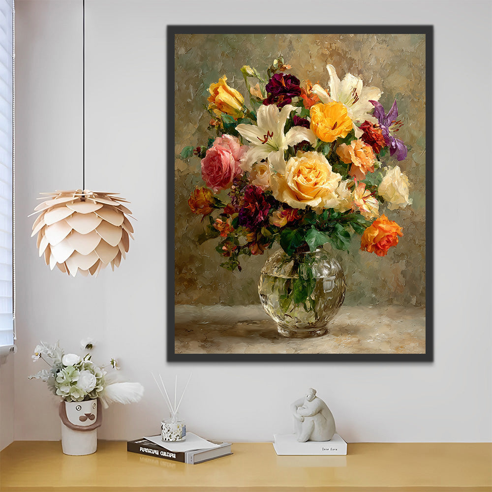 Bunte Rosen und Lilien in der transparenten Glasvase Malen nach Zahlen