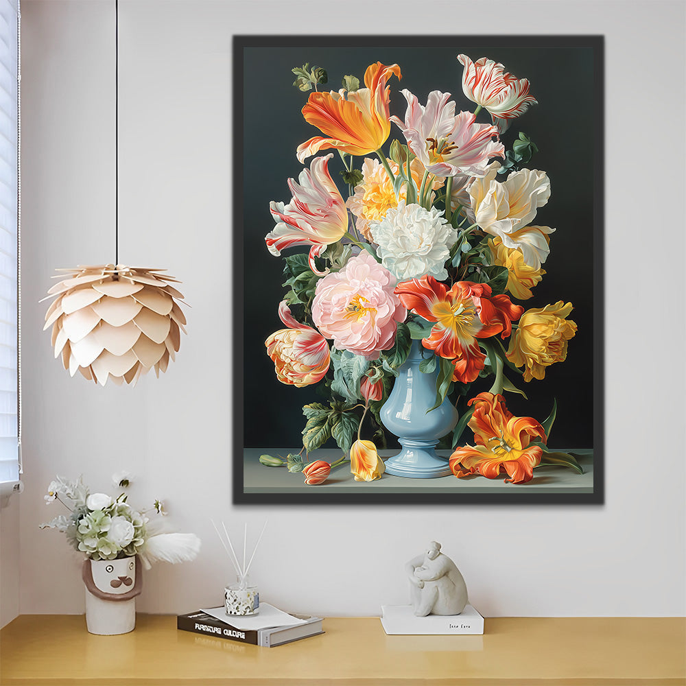 Bunte Tulpen in der blauen Porzellanvase Malen nach Zahlen