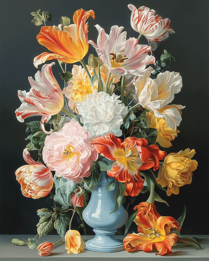Bunte Tulpen in der blauen Porzellanvase Malen nach Zahlen