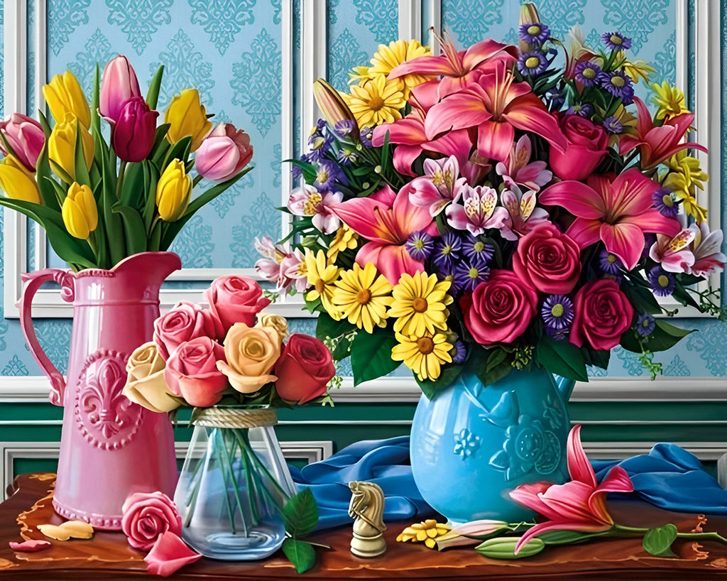 Bunte Tulpen, Rosen und Lilien Malen nach Zahlen