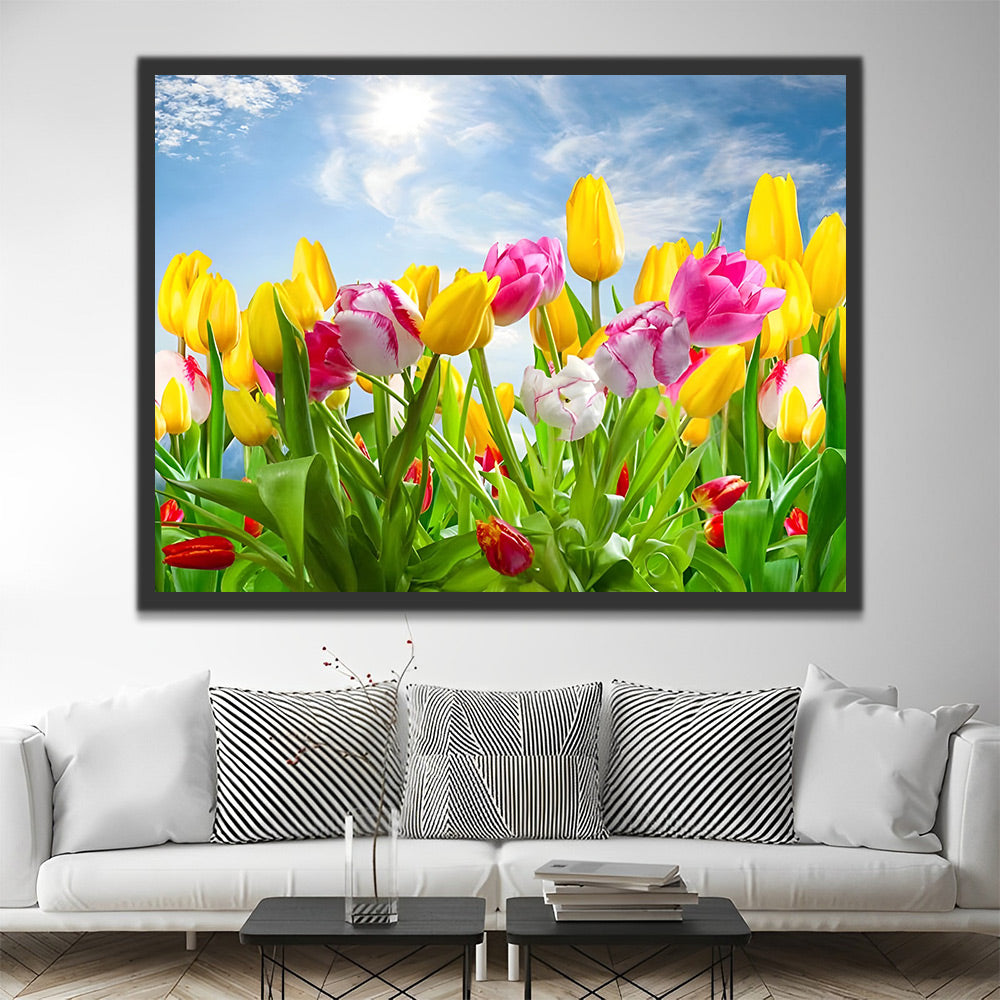 Bunte Tulpen unter blauem Himmel Malen nach Zahlen