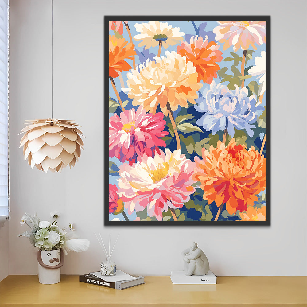 Bunte und voll blühende Chrysanthemen Malen nach Zahlen