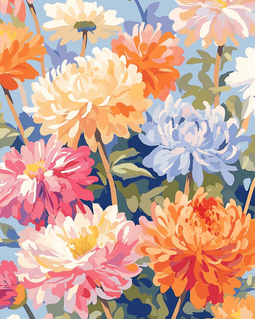 Bunte und voll blühende Chrysanthemen Malen nach Zahlen
