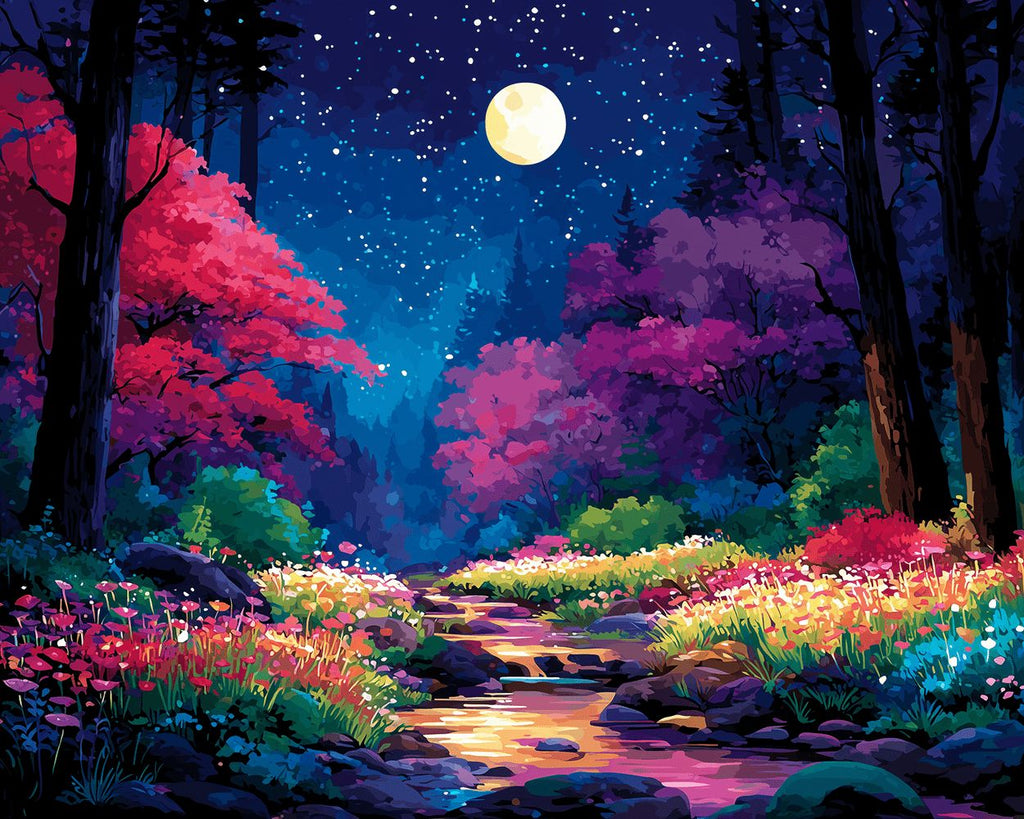 Bunte Waldblumen und Bach bei Nacht Malen nach Zahlen