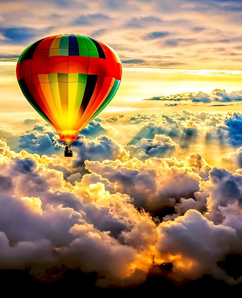 Bunter Heißluftballon über den Wolken Malen nach Zahlen