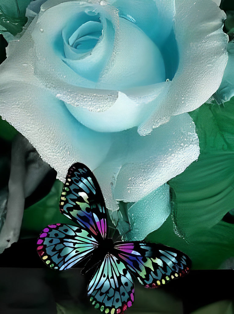 Bunter Schmetterling und blaue Rose Malen nach Zahlen