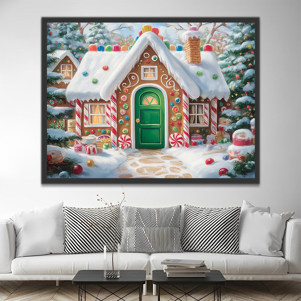 Buntes Bonbonhaus und Weihnachtsbäume Malen nach Zahlen