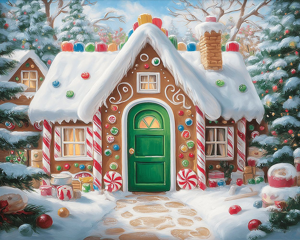 Buntes Bonbonhaus und Weihnachtsbäume Malen nach Zahlen