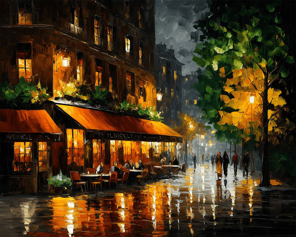 Café im Regen bei Nacht Malen nach Zahlen