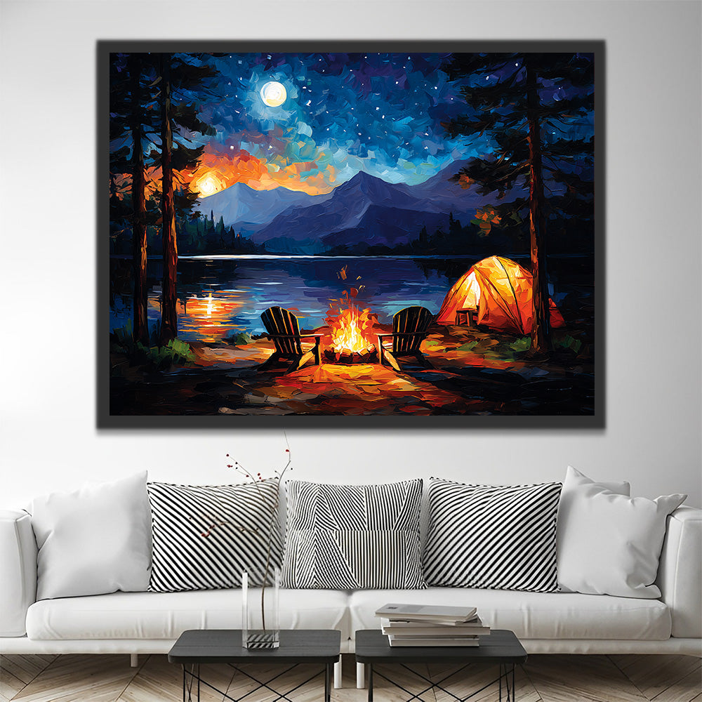 Camping am See und Lagerfeuer Malen nach Zahlen
