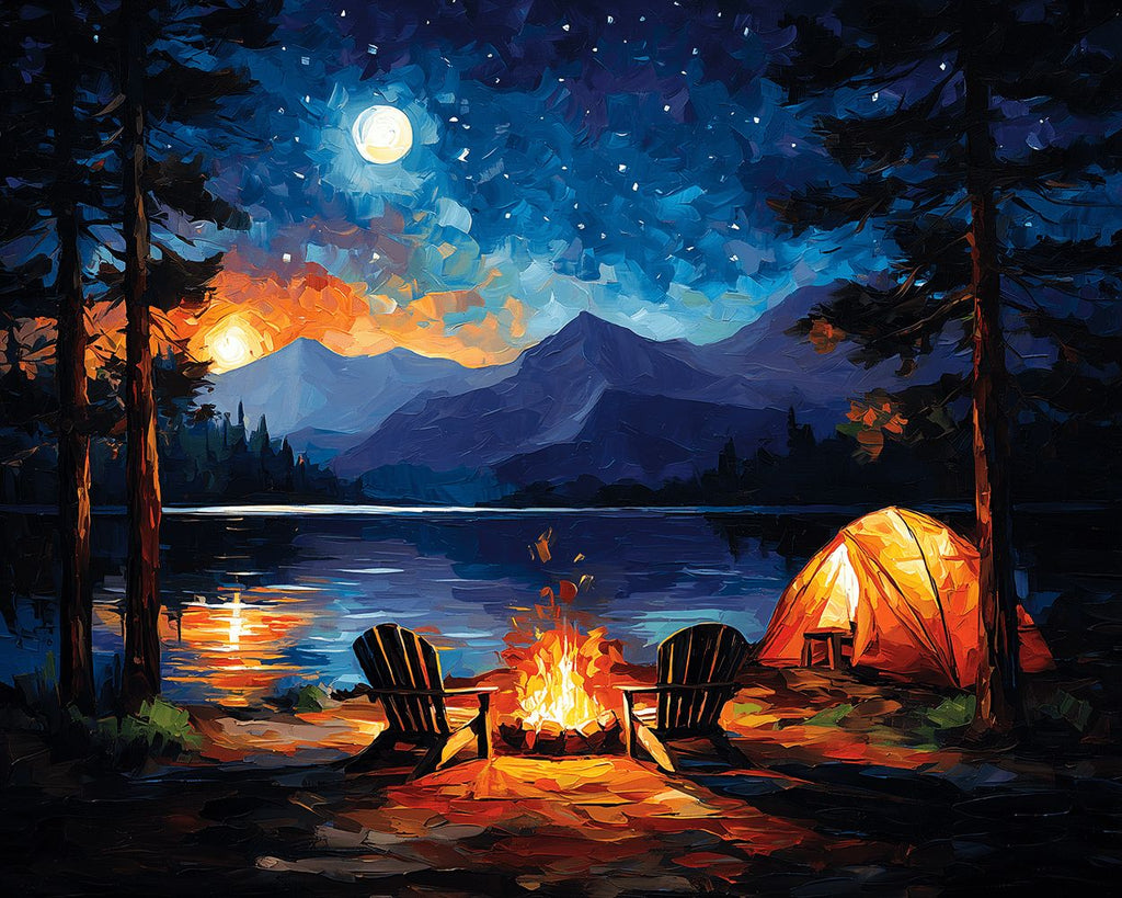 Camping am See und Lagerfeuer Malen nach Zahlen