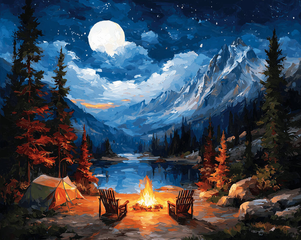 Camping in den Bergen bei Nacht Malen nach Zahlen