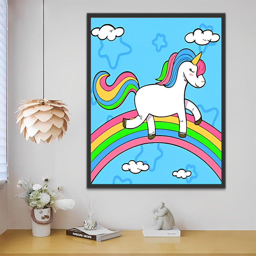 Cartoon Einhorn auf Regenbogen Malen nach Zahlen