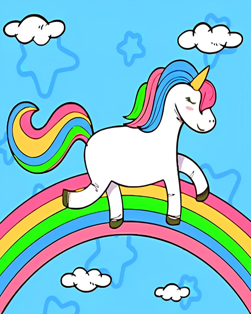 Cartoon Einhorn auf Regenbogen Malen nach Zahlen