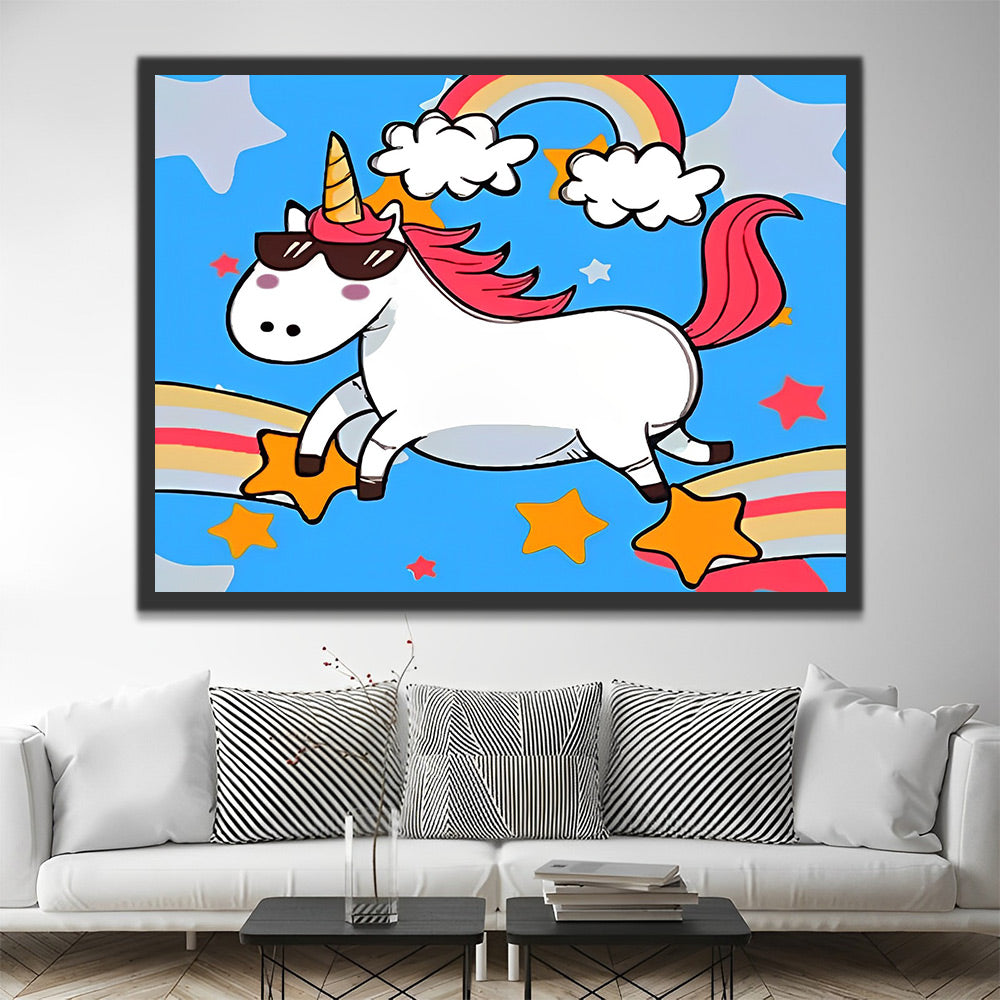 Cartoon Einhorn mit Sonnenbrille Malen nach Zahlen