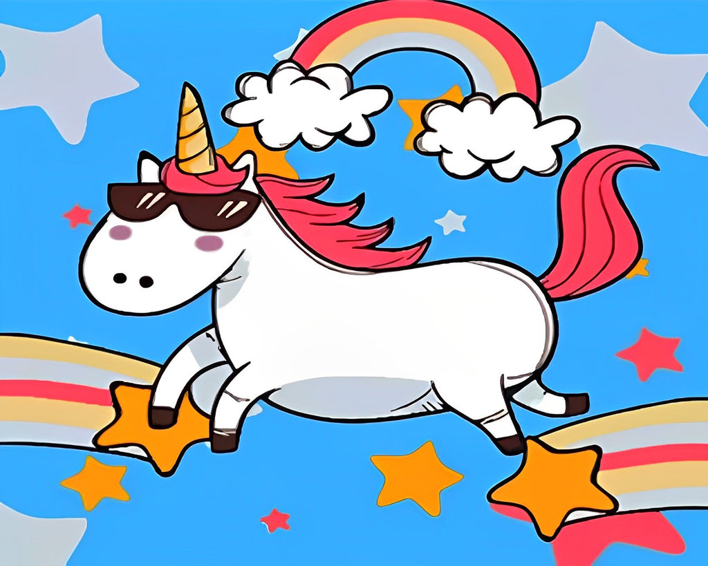 Cartoon Einhorn mit Sonnenbrille Malen nach Zahlen