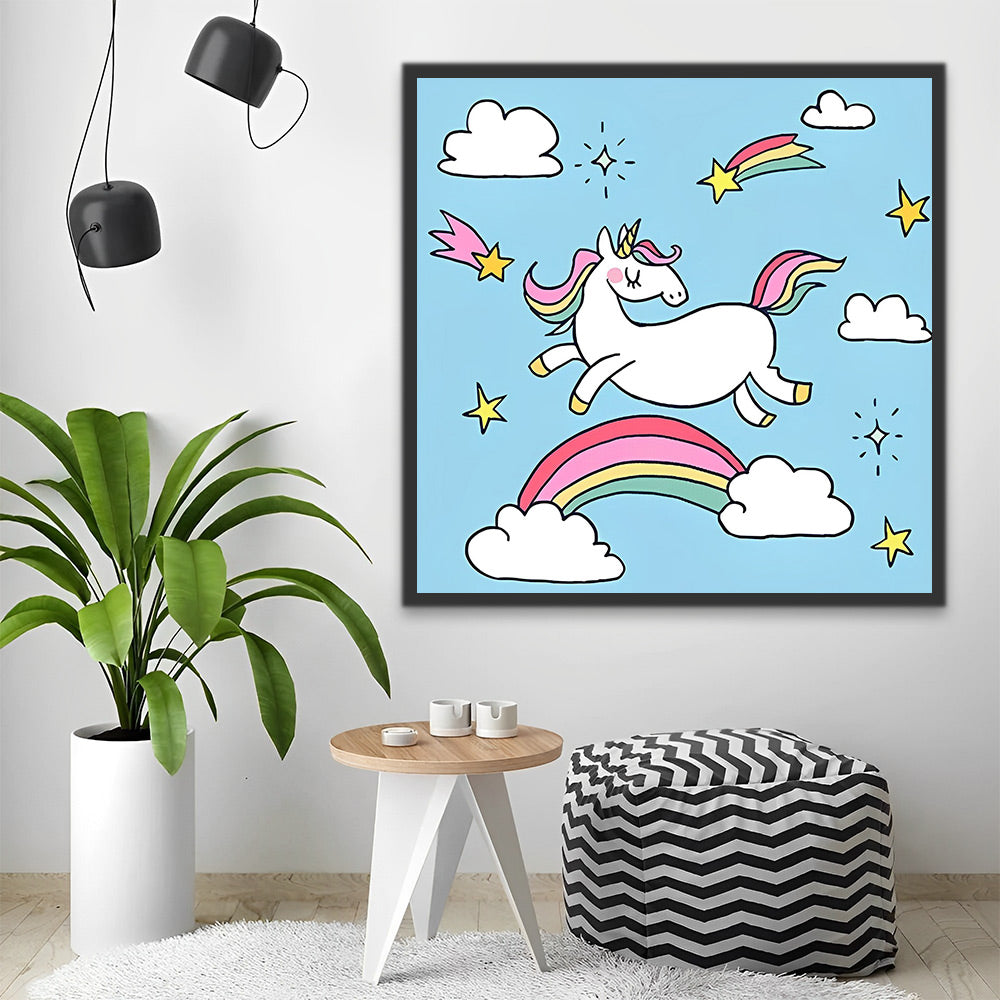 Cartoon Einhorn, Regenbogen und Wolken Malen nach Zahlen Für Kinder