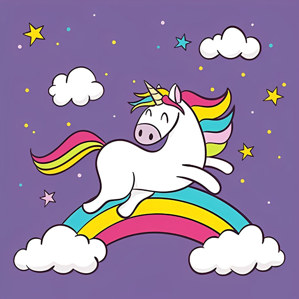 Cartoon Einhorn, Regenbogen und Wolken Malen nach Zahlen Für Kinder