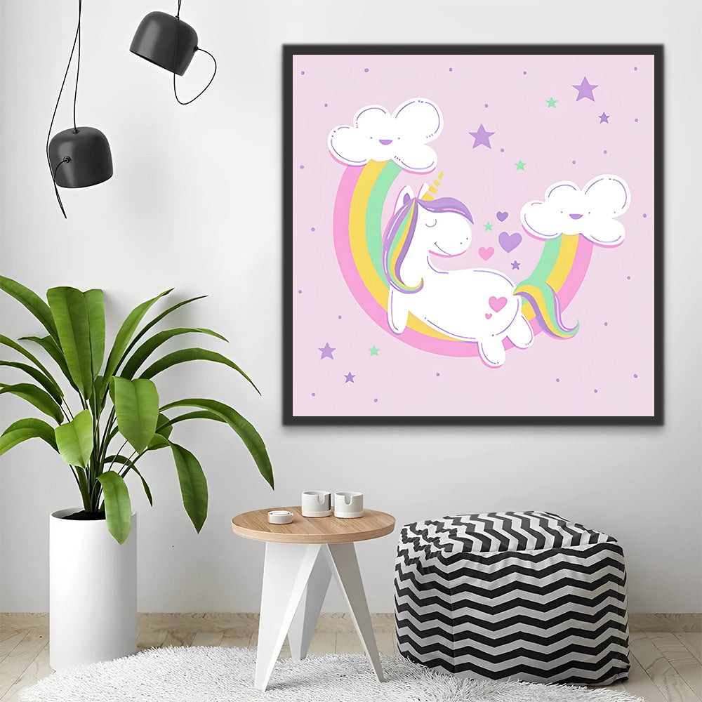 Cartoon Einhorn, Regenbogen und Wolken Malen nach Zahlen Für Kinder