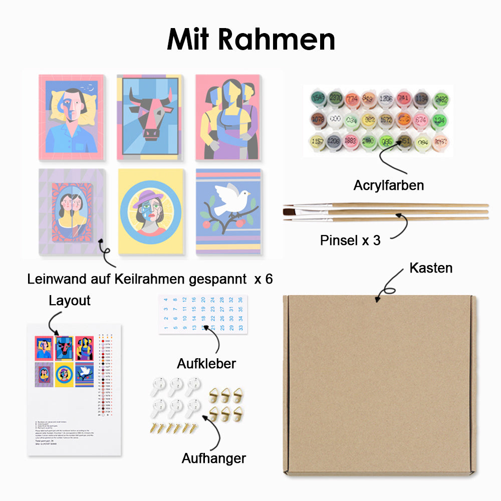 Cartoon-Pop-Art im Picasso-Stil 6 Stück Mini Malen nach Zahlen