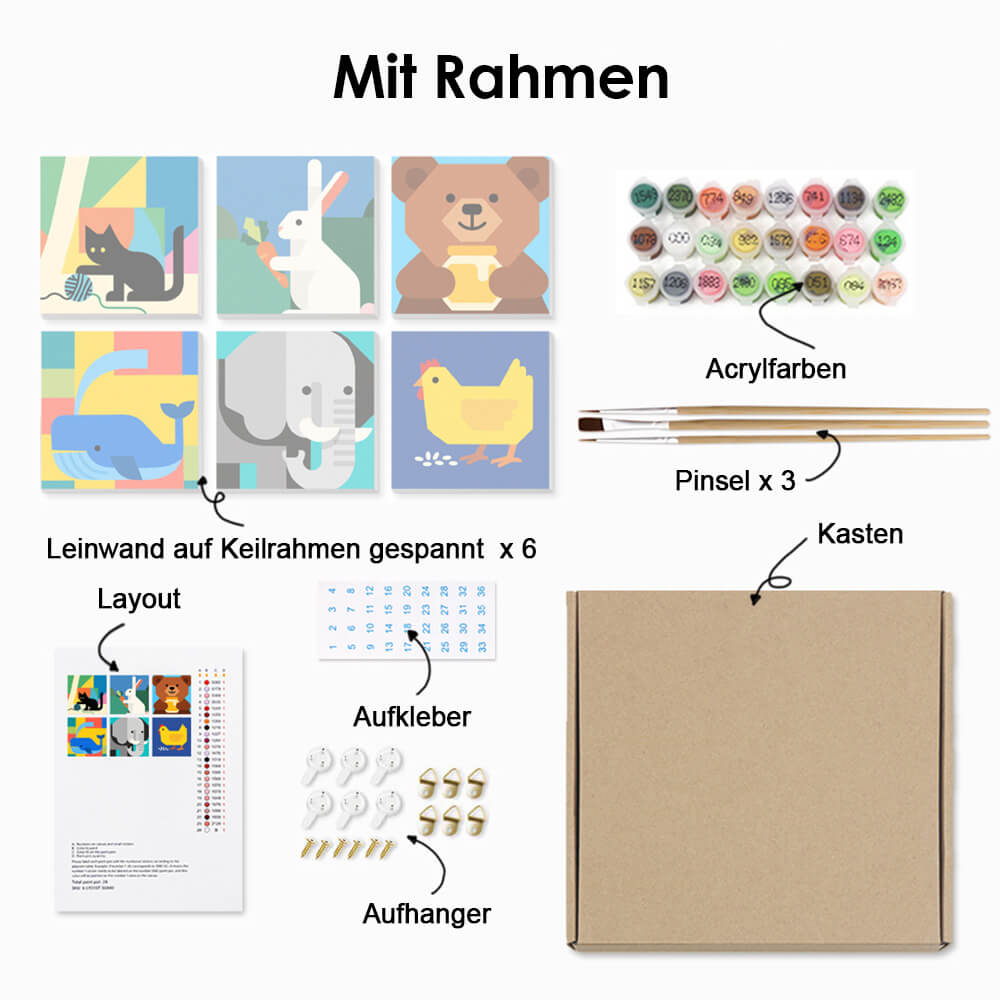 Cartoon Tiere 6 Stück Mini Malen nach Zahlen