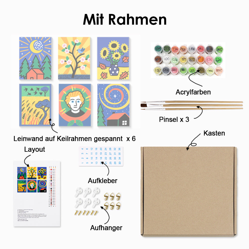 Cartoon-Version von Van Goghs Gemälden 6 Stück Mini Malen nach Zahlen