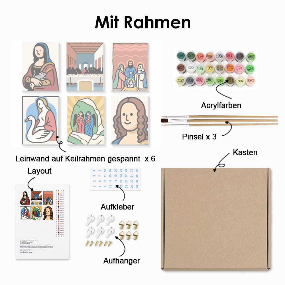 Cartoon-Version von Weltberühmten Gemälden 6 Stück Mini Malen nach Zahlen