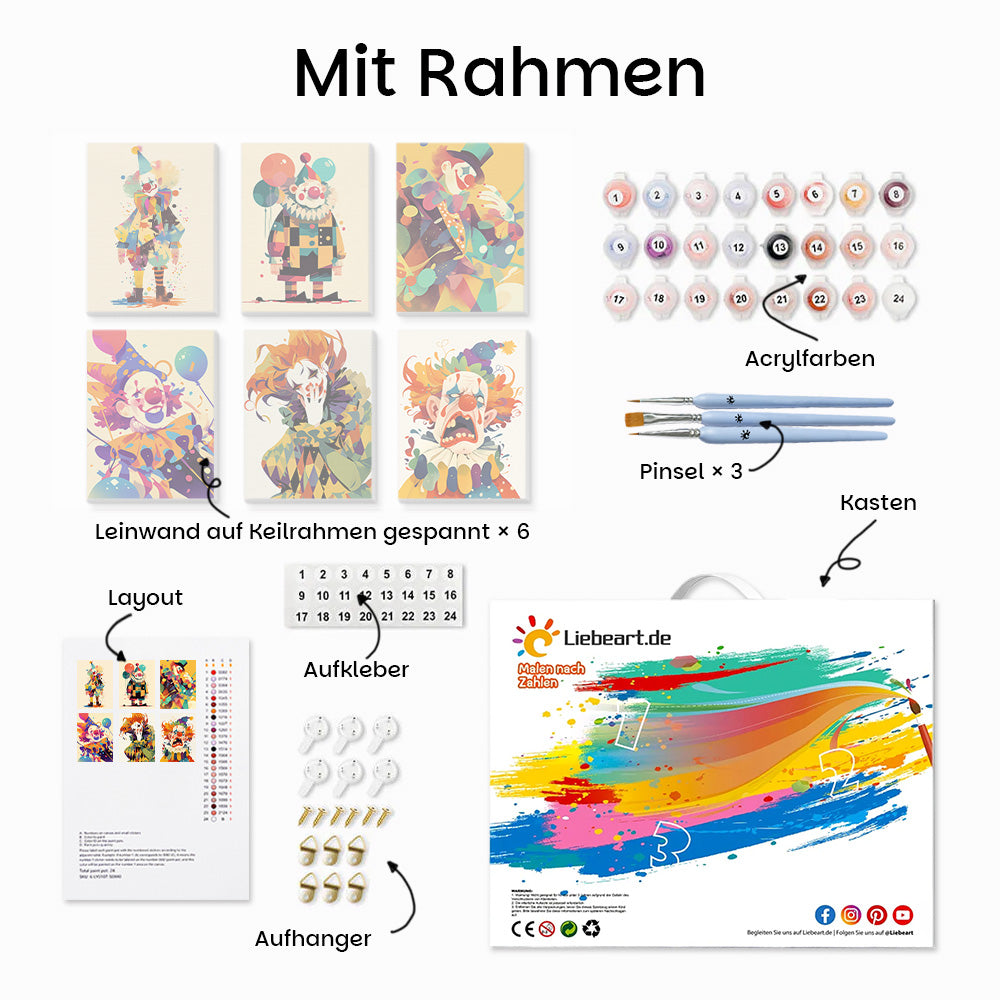 Clown im Cartoon-Stil 6 Stück Mini Malen nach Zahlen