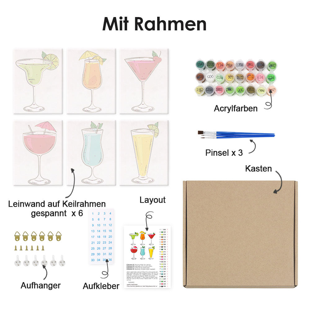 Cocktails mit vielfältigen Geschmacksrichtungen 6 Stück Mini Malen nach Zahlen
