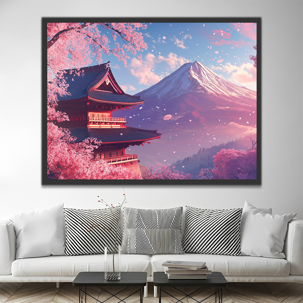 Der Berg Fuji unter den Kirschblütenbäumen Malen nach Zahlen
